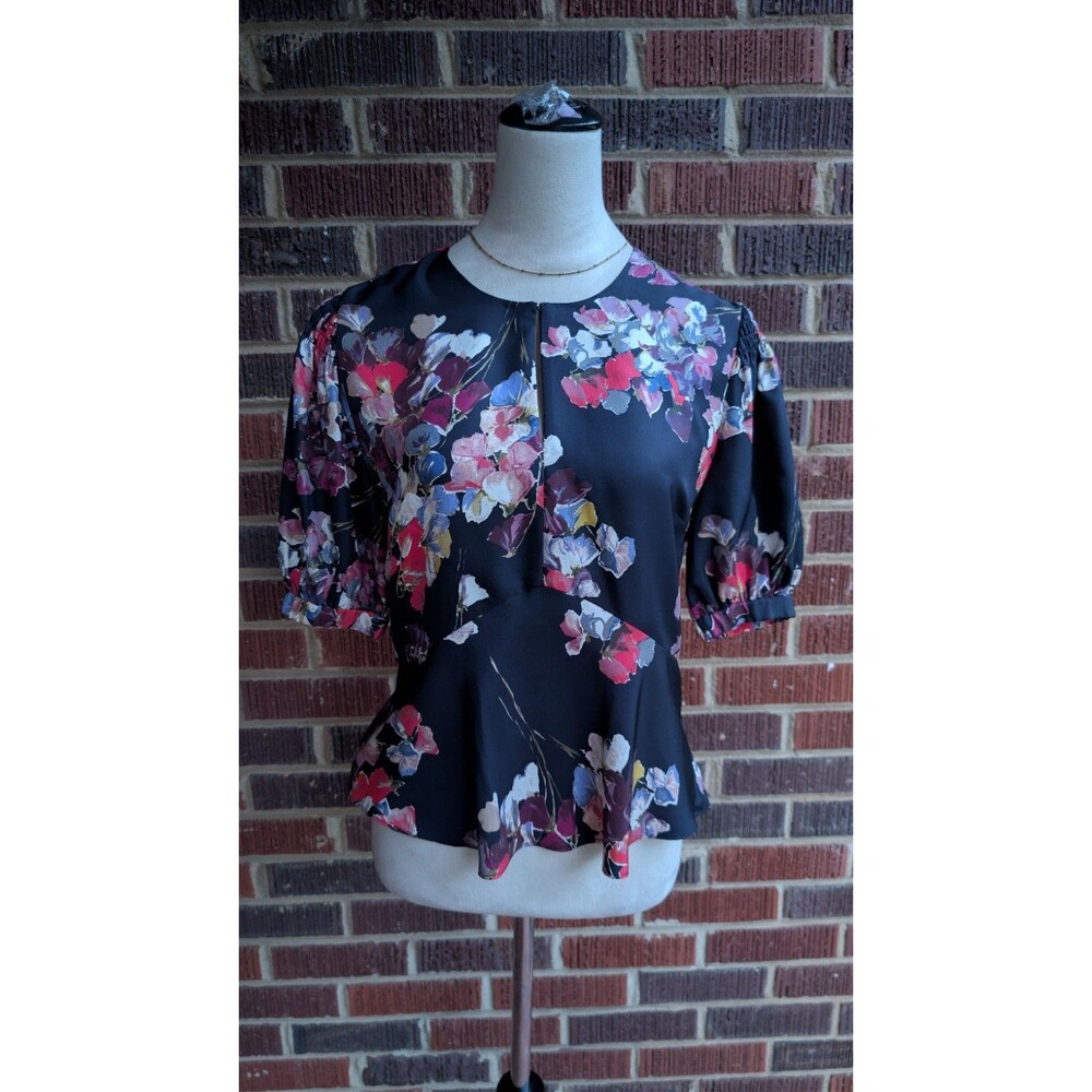 Lewit Floral Silk Peplum Blouse-Puff Sleeve- Black- Front Peep Hole -Small